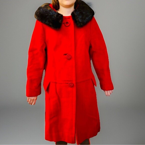 Vtg Styled by Stratton Red Wool Coat Mink Fur Collar 50s 60s Jackie O Union USA - Picture 16 of 16